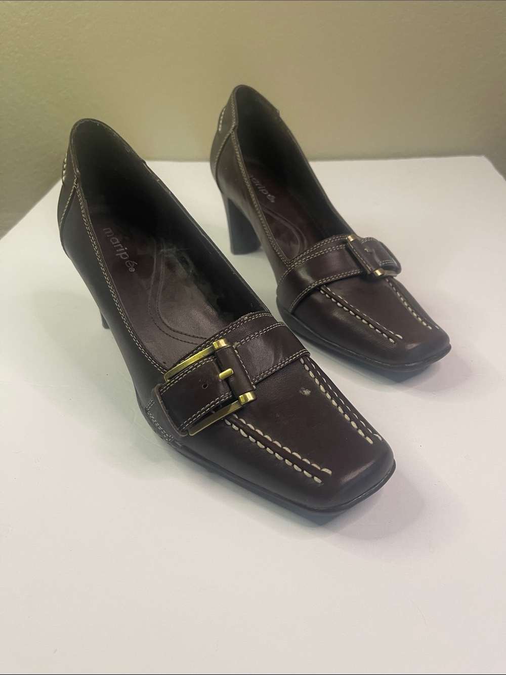 Maripe Brown Buckle Mid-Heel Pumps